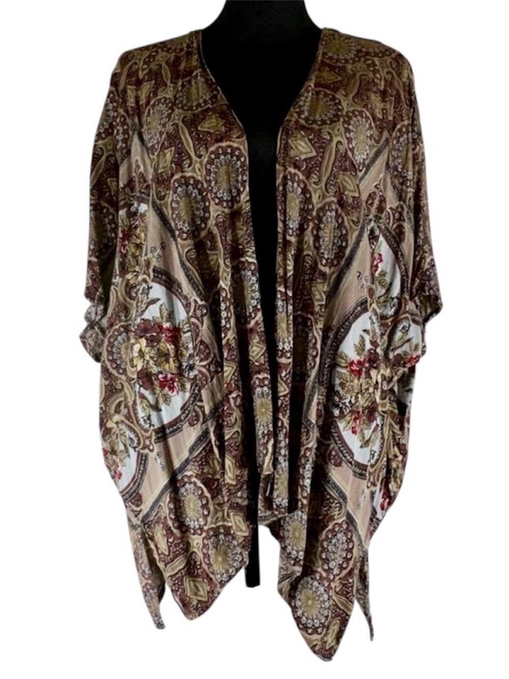 Angie Kimono‎ Oversized Brown Medallion Floral Boho Open Front Medium Cardigan